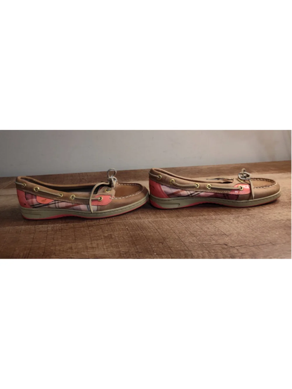 Women's Sperry Top-Sider Boat Shoes, Beige and Pink Plaid Size 7.5